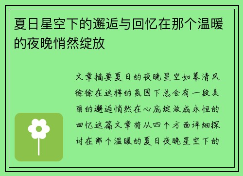 夏日星空下的邂逅与回忆在那个温暖的夜晚悄然绽放
